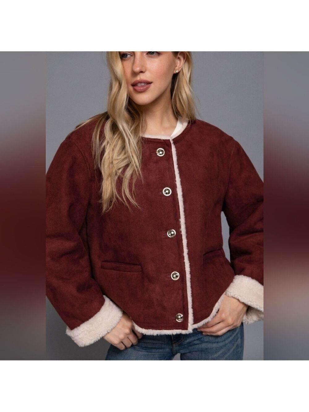 NWT Sherpa Lined Maroon Cropped Sueded Jacket Sizes Small -Large